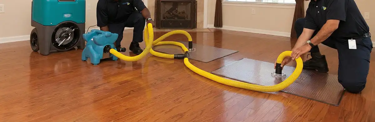 emergency water removal technicians extracting standing water from a home using professional equipment in Louisville, KY