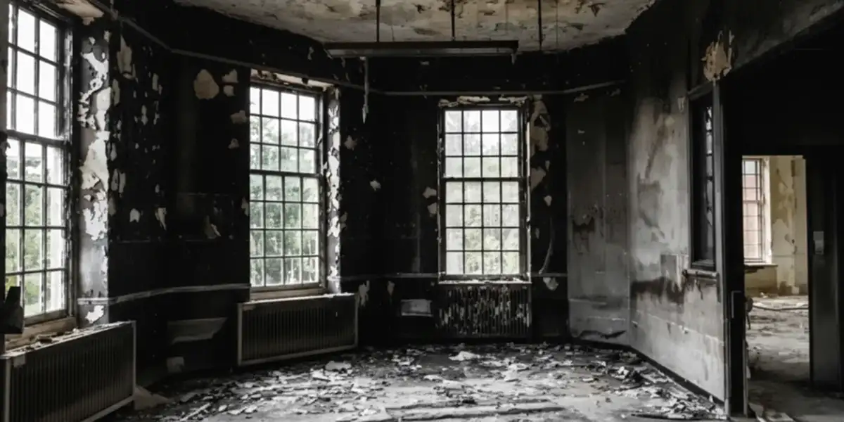 fire damage repair addressing severe interior damage and smoke residue inside a burned home in Louisville, KY