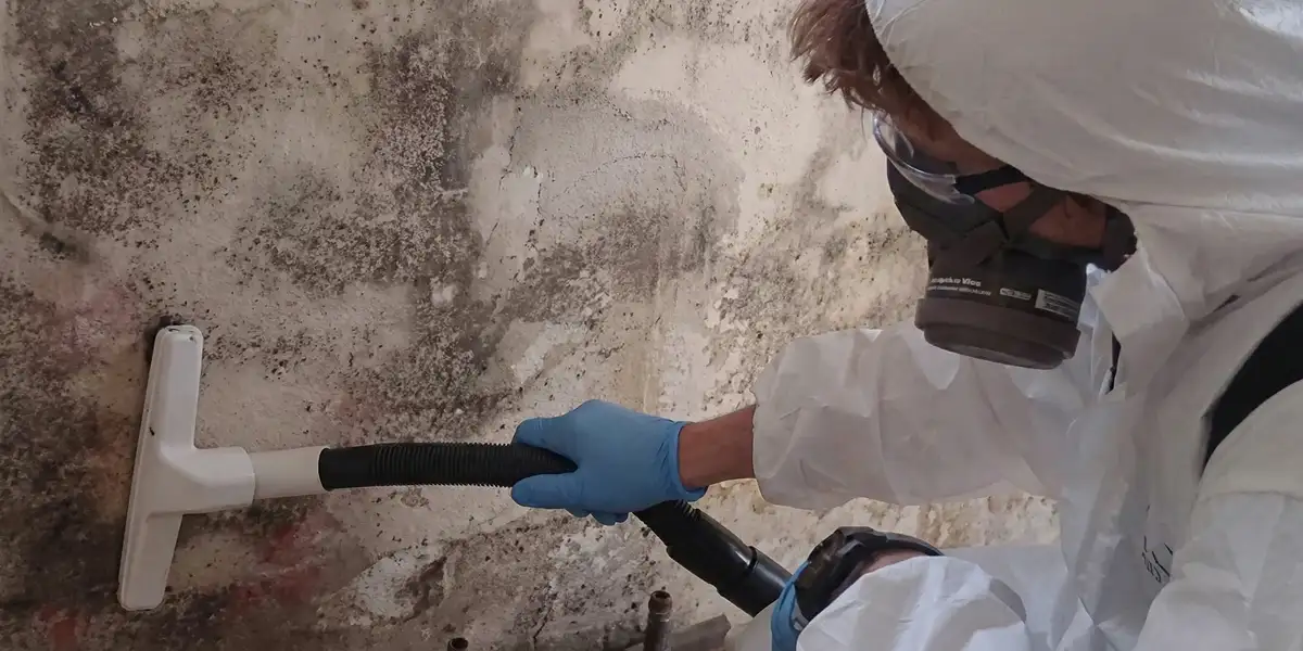 professional mold removal technician wearing protective equipment removing mold from a wall in Louisville, KY